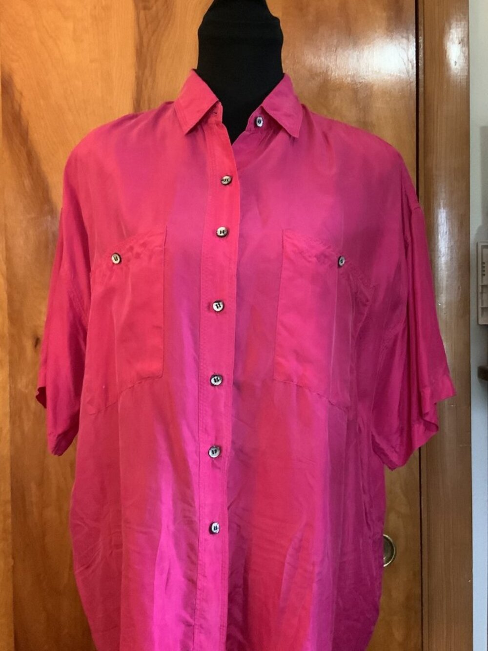 Vintage 90s JR Bentley Size S 100% Silk Button Up Fuchsia Pink Blouse (1369)